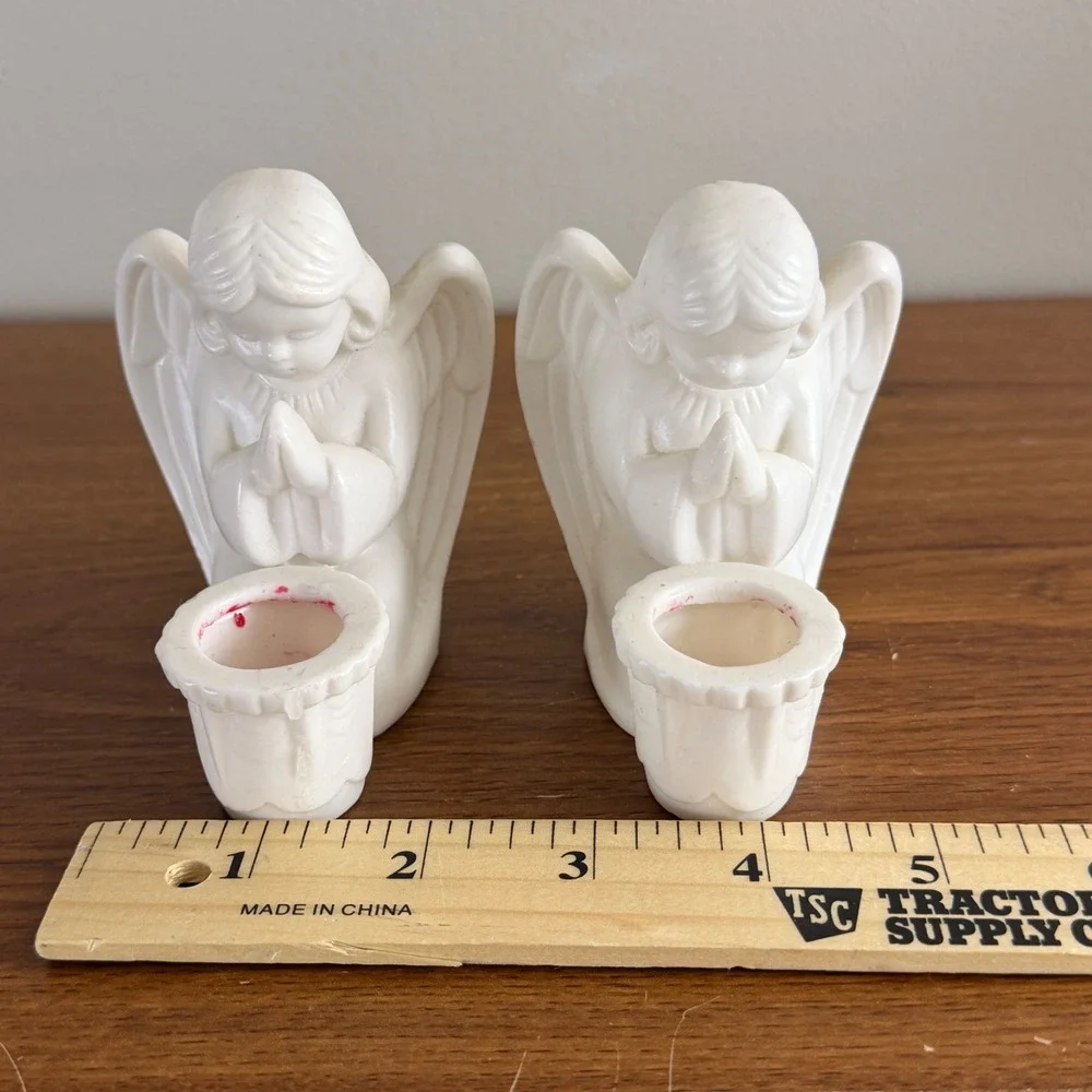 Vintage White Ceramic Praying Angel Taper Candle Holders Pair Religious Decor